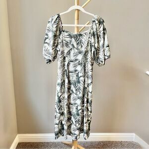 Ophelia Roe Leaf Print Midi Dress Women's Size M‎ Medium Square Neck Puff Sleeve
